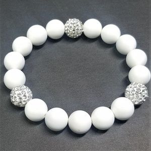 Crystal Rhinestone White Beaded  Stretch Bracelet